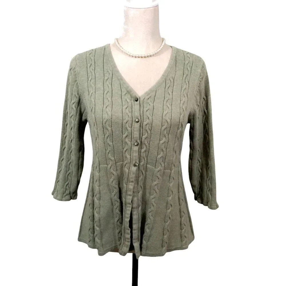 Croft & Barrow Womens Large Cardigan Sweater Green 1/4 Button V Neck 3/4 Sleeve - Picture 2 of 9